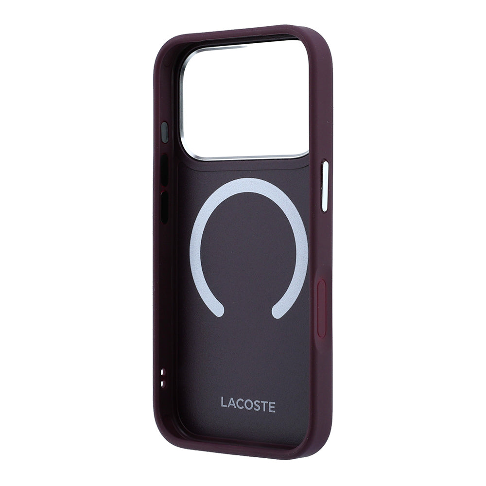 Apple iPhone 18 Pro Kılıf Lacoste Orjinal Lisanslı MagSafe Şarj Özellikli Lenglen Icon Metal Logolu Kapak - Bordo