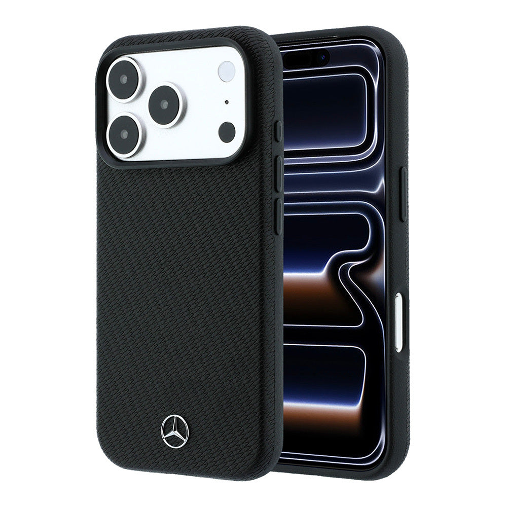 Apple iPhone 18 Pro Max Kılıf Mercedes Benz Orjinal Lisanslı MagSafe Şarj Özellikli 3D Metal Logolu Wrap Wood Deri Kapak - Siyah