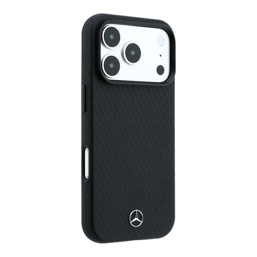 Apple iPhone 18 Pro Max Kılıf Mercedes Benz Orjinal Lisanslı MagSafe Şarj Özellikli 3D Metal Logolu Wrap Wood Deri Kapak - Siyah