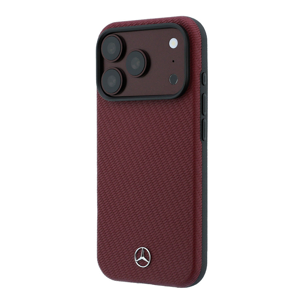 Apple iPhone 18 Pro Max Kılıf Mercedes Benz Orjinal Lisanslı MagSafe Şarj Özellikli 3D Metal Logolu Wrap Wood Deri Kapak - Bordo