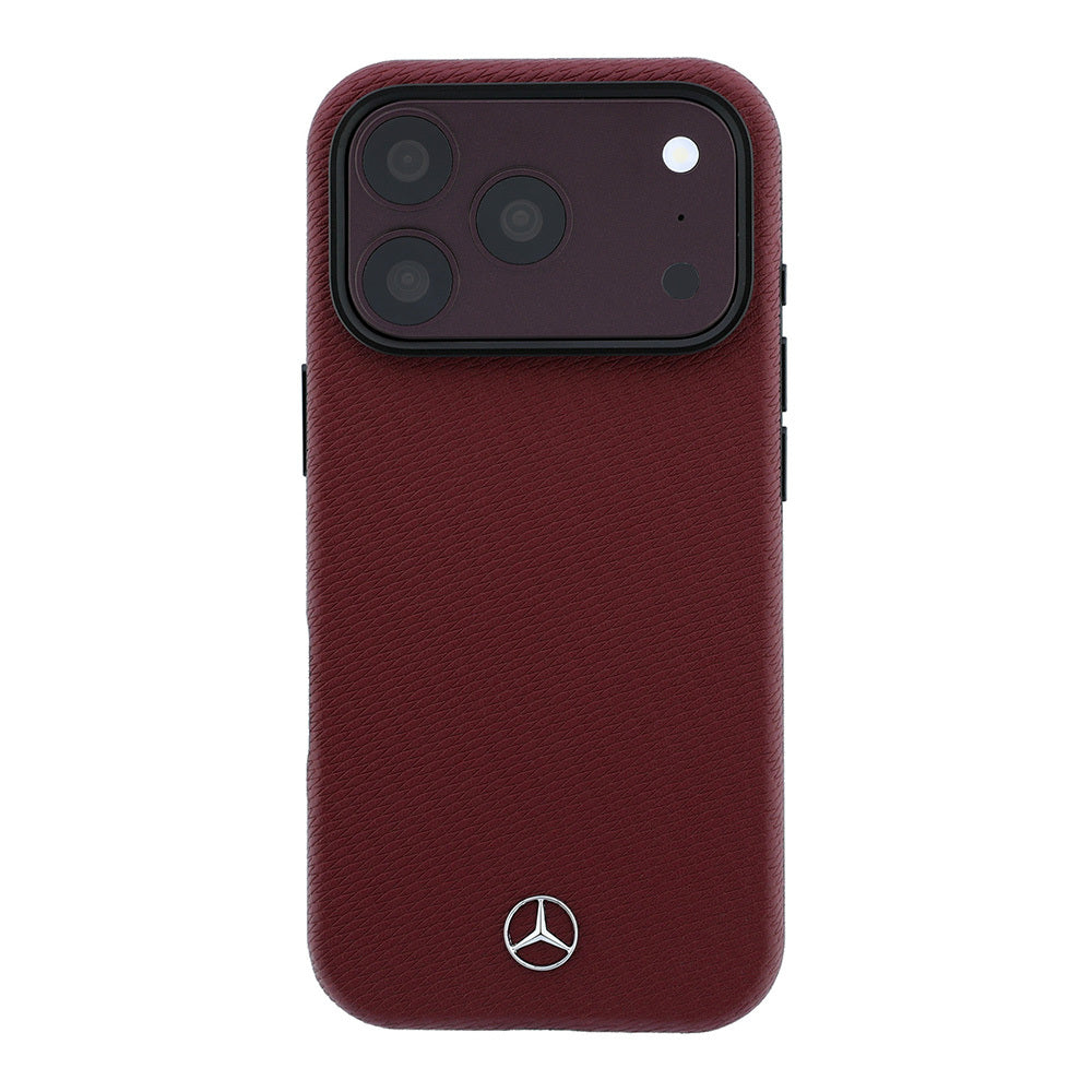 Apple iPhone 18 Pro Max Kılıf Mercedes Benz Orjinal Lisanslı MagSafe Şarj Özellikli 3D Metal Logolu Wrap Wood Deri Kapak - Bordo