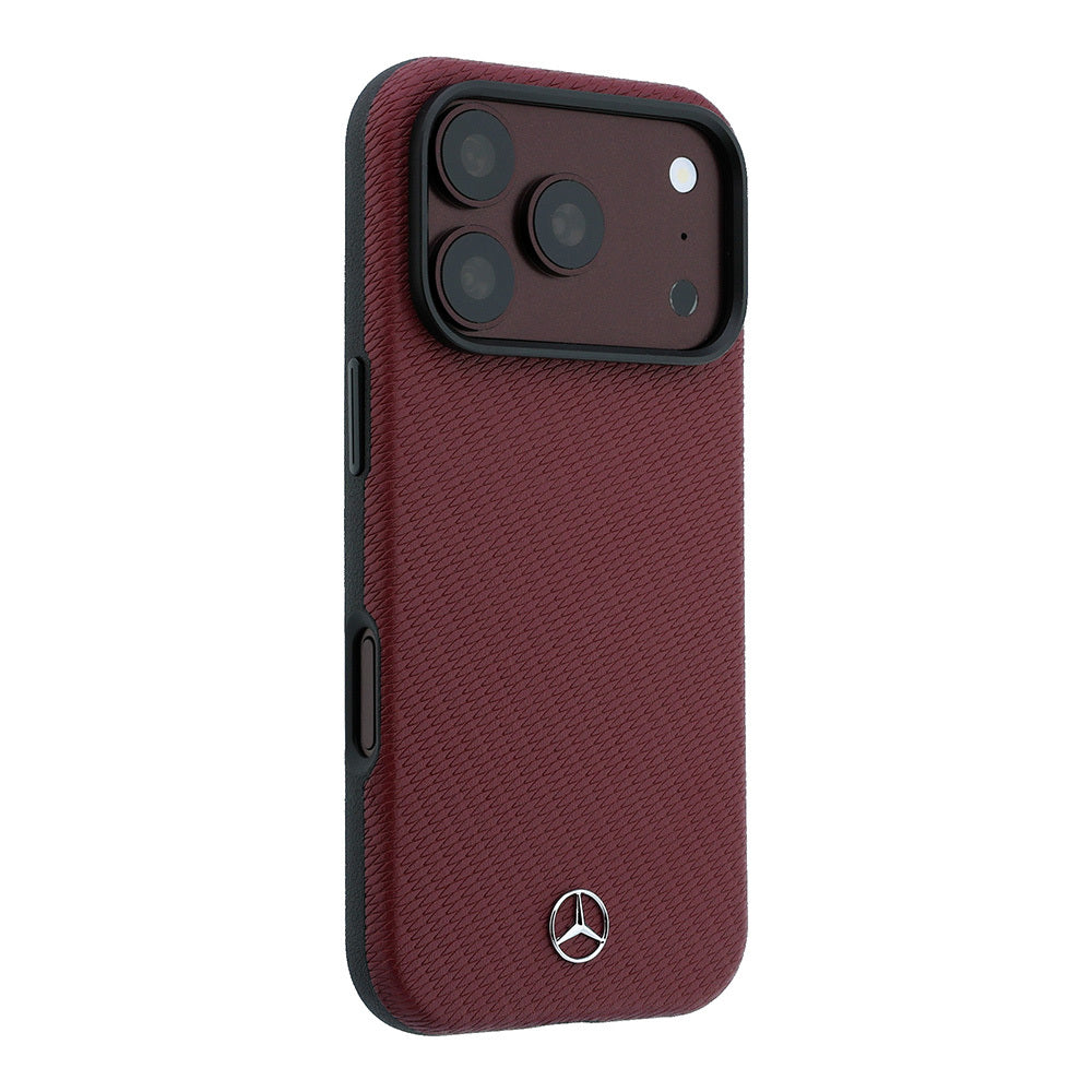 Apple iPhone 18 Pro Max Kılıf Mercedes Benz Orjinal Lisanslı MagSafe Şarj Özellikli 3D Metal Logolu Wrap Wood Deri Kapak - Bordo