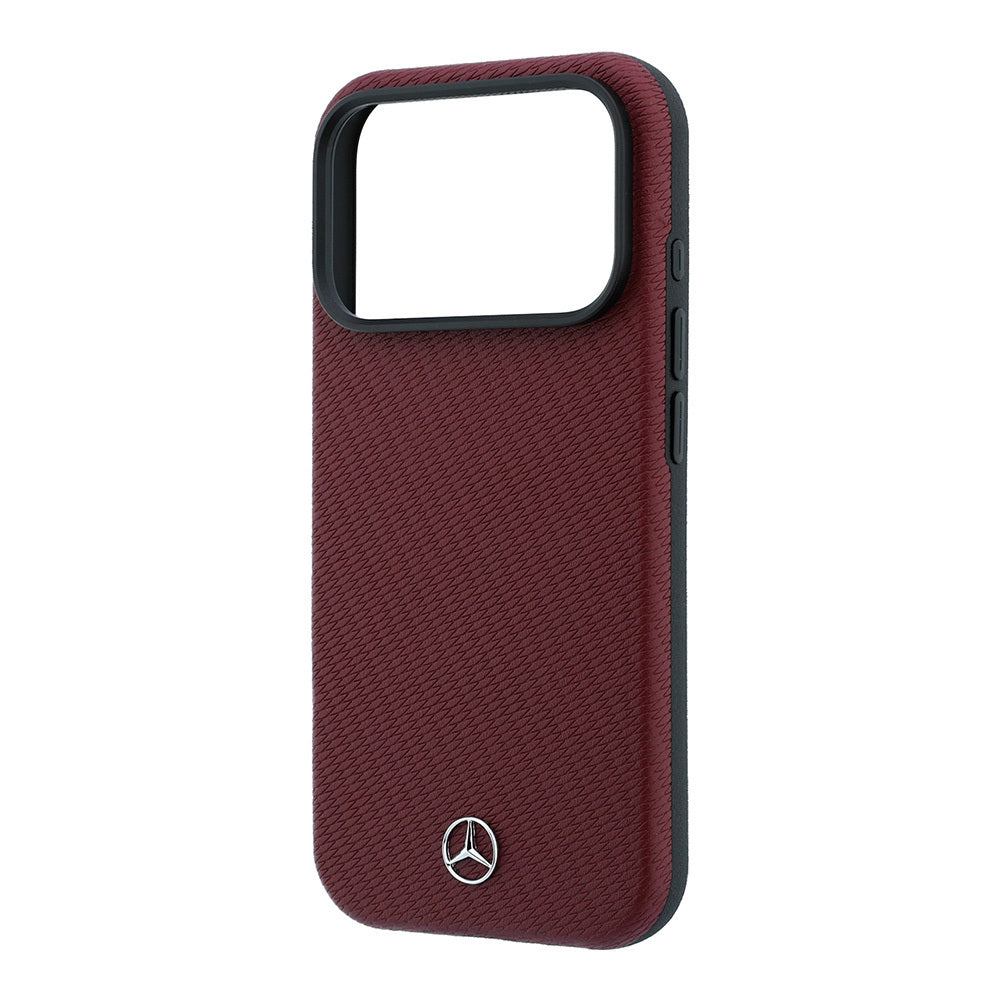 Apple iPhone 18 Pro Max Kılıf Mercedes Benz Orjinal Lisanslı MagSafe Şarj Özellikli 3D Metal Logolu Wrap Wood Deri Kapak - Bordo