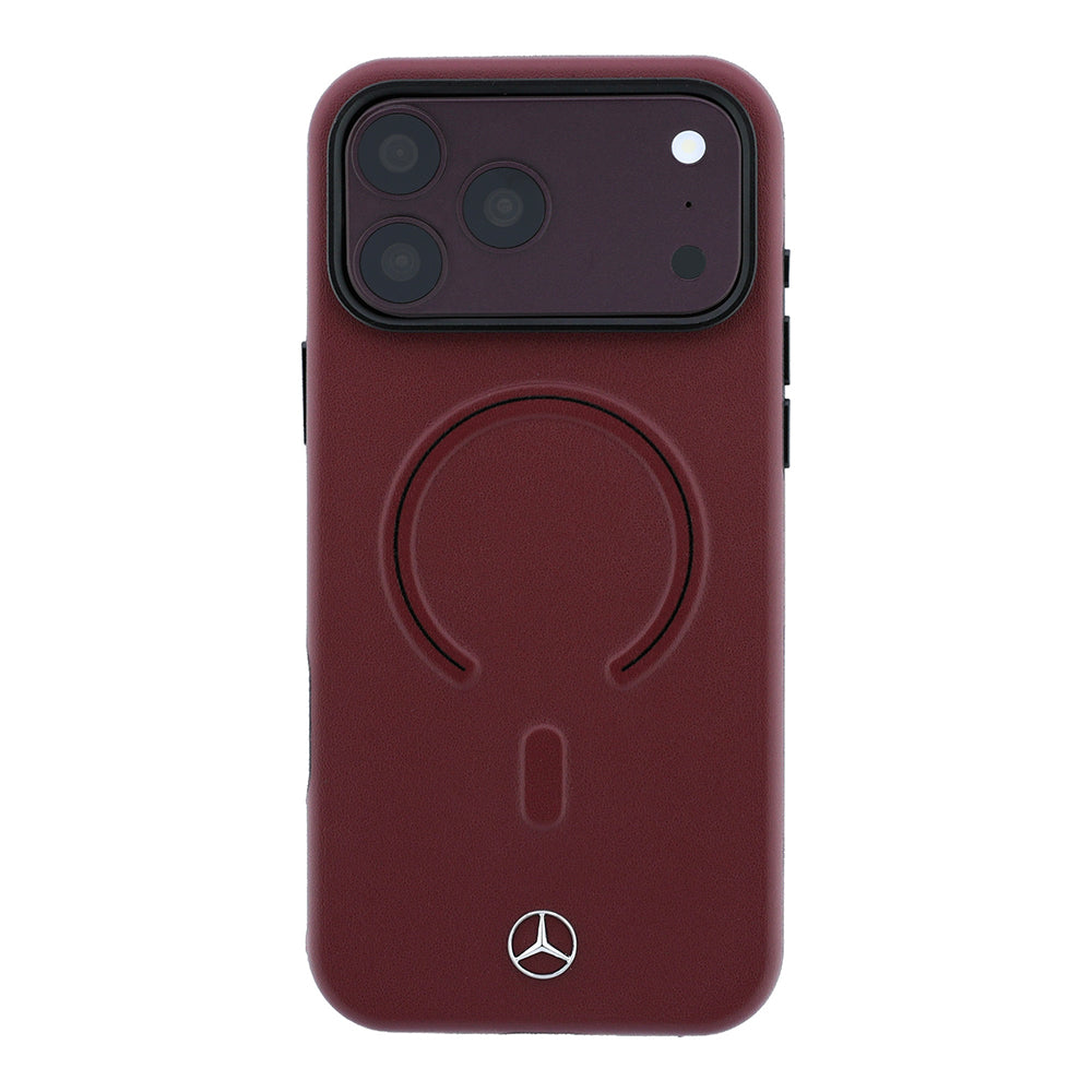Apple iPhone 18 Pro Max Kılıf Mercedes Benz Orjinal Lisanslı MagSafe Şarj Özellikli Metal Yıldız Logolu Kabartmalı Deri Kapak - Bordo