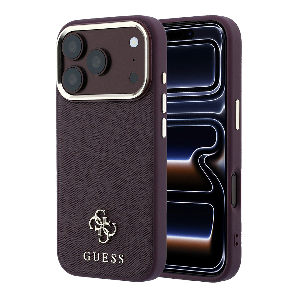 Apple iPhone 18 Pro Kılıf Guess Orjinal Lisanslı MagSafe Şarj Özellikli Klasik Yazı ve 4G Logolu PU Deri Saffiano Kapak - Bordo