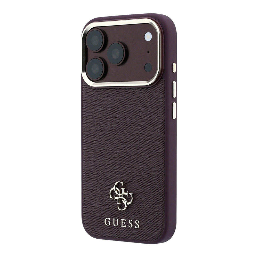 Apple iPhone 18 Pro Kılıf Guess Orjinal Lisanslı MagSafe Şarj Özellikli Klasik Yazı ve 4G Logolu PU Deri Saffiano Kapak - Bordo