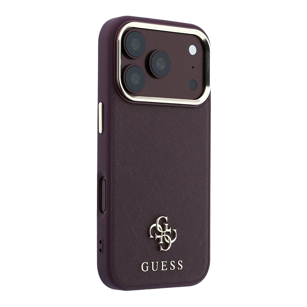 Apple iPhone 18 Pro Kılıf Guess Orjinal Lisanslı MagSafe Şarj Özellikli Klasik Yazı ve 4G Logolu PU Deri Saffiano Kapak - Bordo