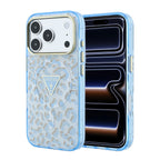 Apple iPhone 18 Pro Max Kılıf Guess Orjinal Lisanslı MagSafe Şarj Özellikli Üçgen Logolu Simli Leopar Desenli Kapak - Mavi