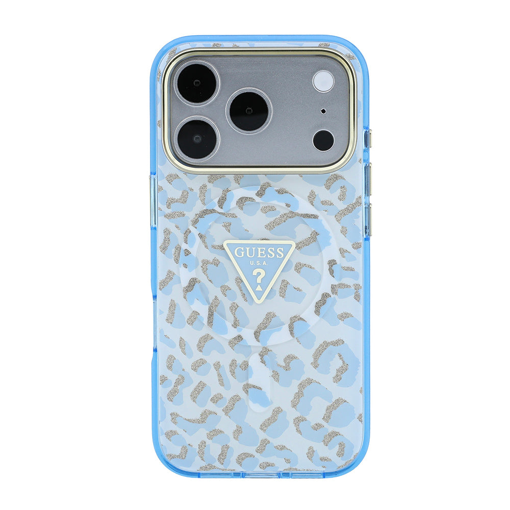 Apple iPhone 18 Pro Max Kılıf Guess Orjinal Lisanslı MagSafe Şarj Özellikli Üçgen Logolu Simli Leopar Desenli Kapak - Mavi