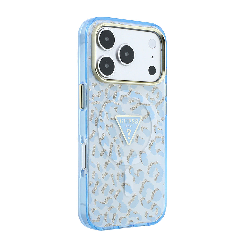 Apple iPhone 18 Pro Max Kılıf Guess Orjinal Lisanslı MagSafe Şarj Özellikli Üçgen Logolu Simli Leopar Desenli Kapak - Mavi