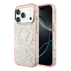 Apple iPhone 18 Pro Max Kılıf Guess Orjinal Lisanslı MagSafe Şarj Özellikli Üçgen Logolu Simli Leopar Desenli Kapak - Pembe