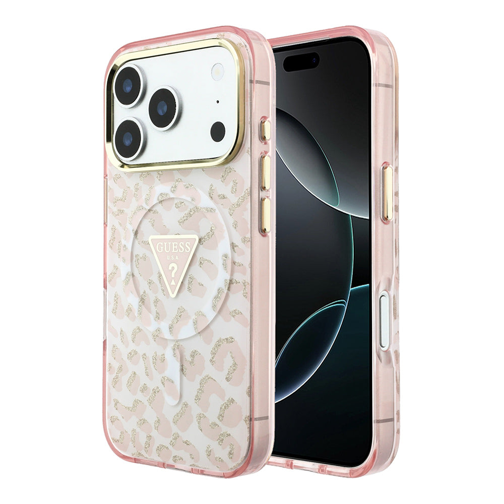 Apple iPhone 18 Pro Max Kılıf Guess Orjinal Lisanslı MagSafe Şarj Özellikli Üçgen Logolu Simli Leopar Desenli Kapak - Pembe