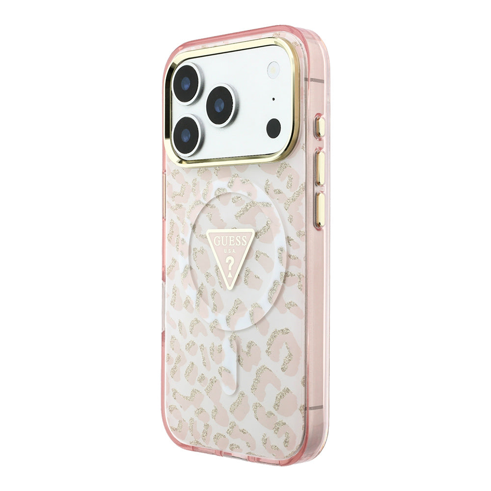 Apple iPhone 18 Pro Max Kılıf Guess Orjinal Lisanslı MagSafe Şarj Özellikli Üçgen Logolu Simli Leopar Desenli Kapak - Pembe
