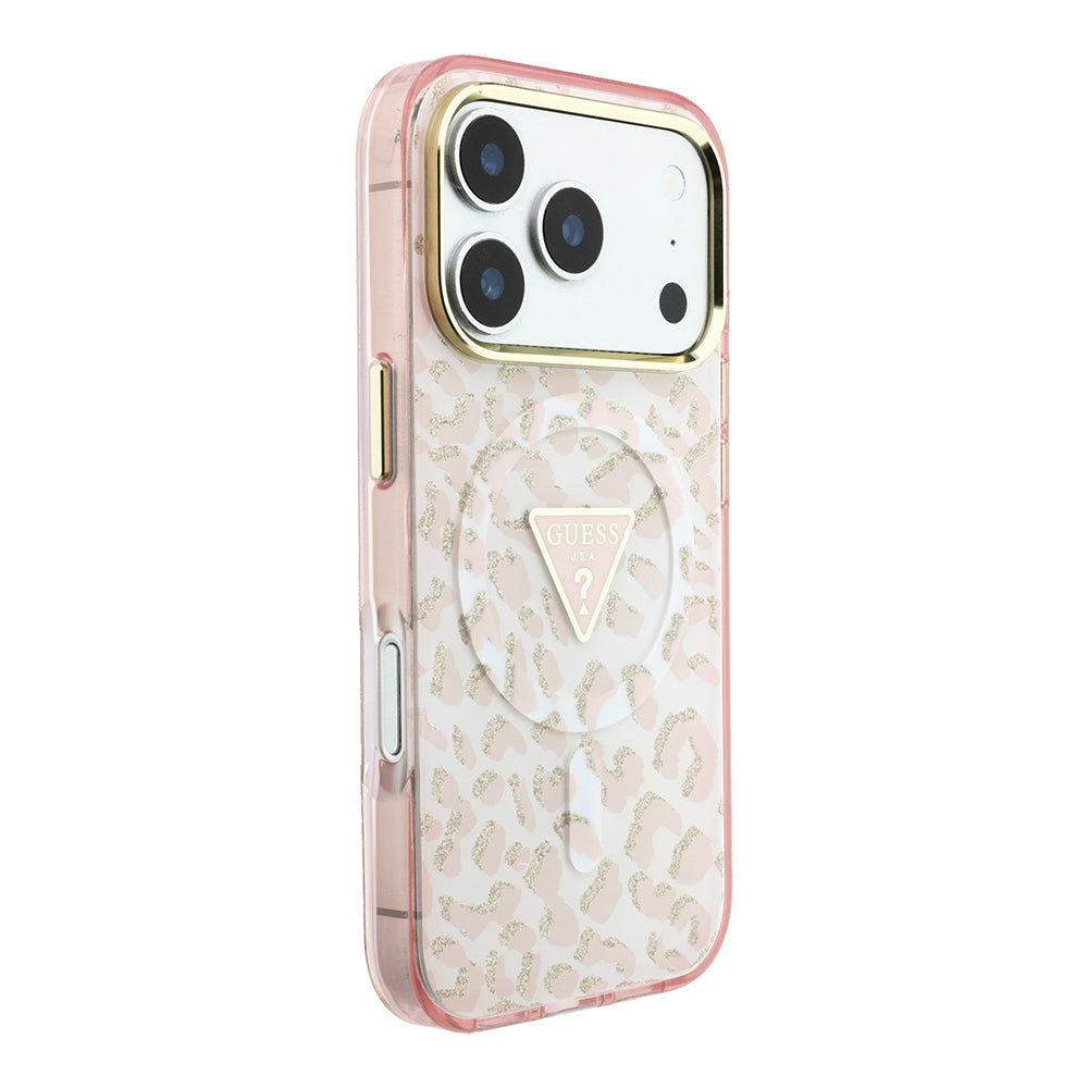 Apple iPhone 18 Pro Max Kılıf Guess Orjinal Lisanslı MagSafe Şarj Özellikli Üçgen Logolu Simli Leopar Desenli Kapak - Pembe