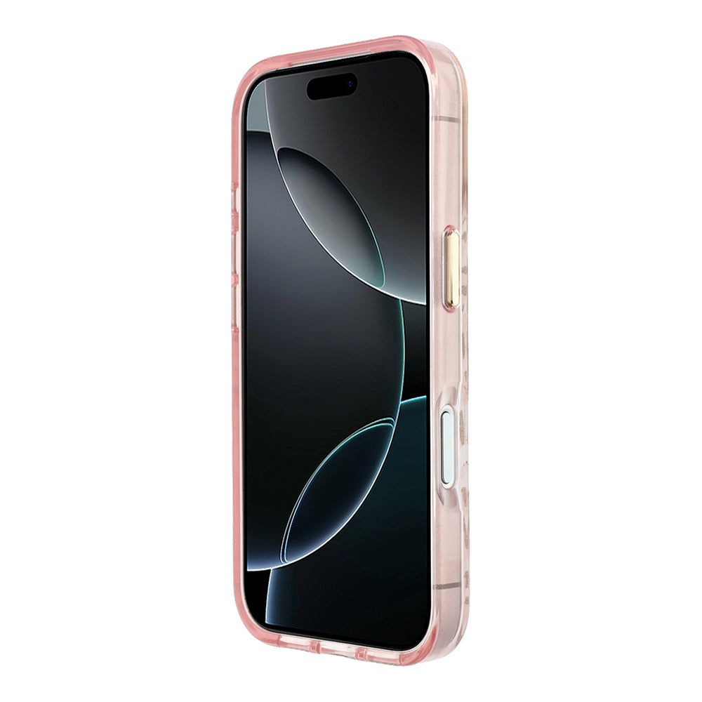 Apple iPhone 18 Pro Max Kılıf Guess Orjinal Lisanslı MagSafe Şarj Özellikli Üçgen Logolu Simli Leopar Desenli Kapak - Pembe