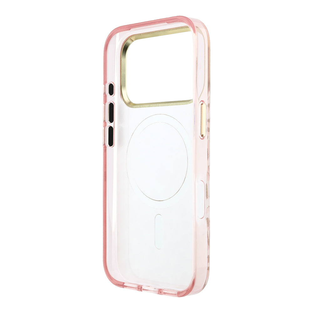 Apple iPhone 18 Pro Max Kılıf Guess Orjinal Lisanslı MagSafe Şarj Özellikli Üçgen Logolu Simli Leopar Desenli Kapak - Pembe