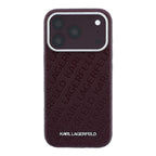 Apple iPhone 18 Pro Kılıf Karl Lagerfeld Orjinal Lisanslı PU Deri Damgalı Metal Yazı Logolu Grained Kapak - Bordo