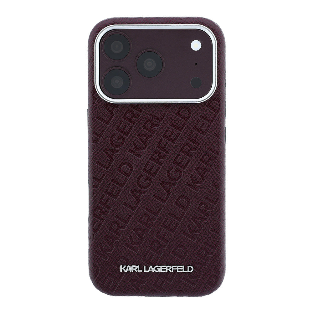 Apple iPhone 18 Pro Kılıf Karl Lagerfeld Orjinal Lisanslı PU Deri Damgalı Metal Yazı Logolu Grained Kapak - Bordo