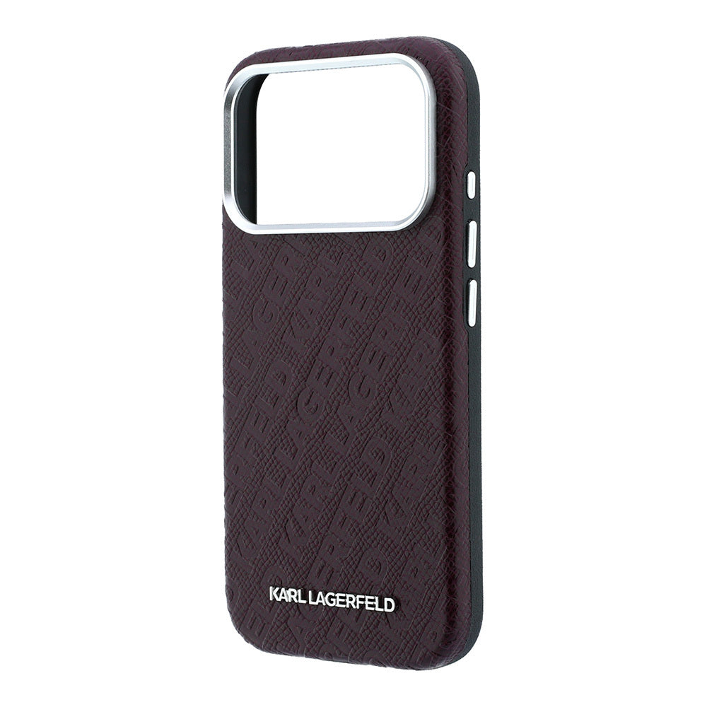 Apple iPhone 18 Pro Kılıf Karl Lagerfeld Orjinal Lisanslı PU Deri Damgalı Metal Yazı Logolu Grained Kapak - Bordo