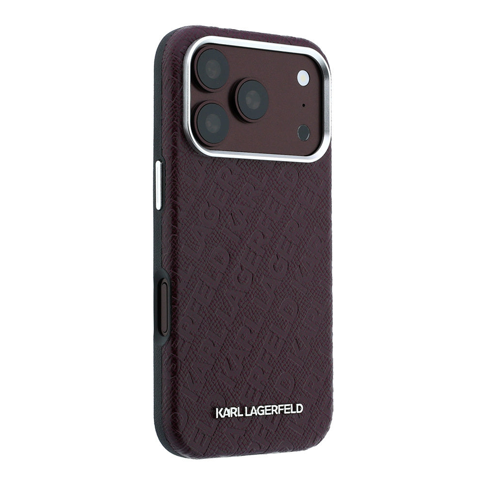 Apple iPhone 18 Pro Max Kılıf Karl Lagerfeld Orjinal Lisanslı PU Deri Damgalı Metal Yazı Logolu Grained Kapak - Bordo