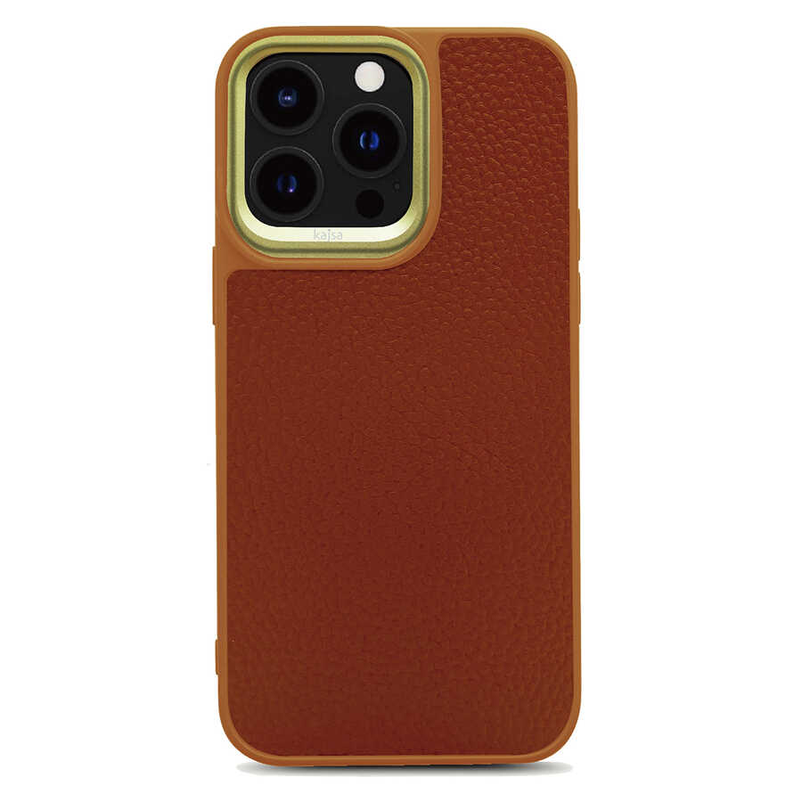__vg|Kahverengi|0|4894505115040-01|Apple iPhone 14 Pro Max Kılıf Soft Deri Metal Kamera Çerçeveli ​Kajsa Litchi Kapak