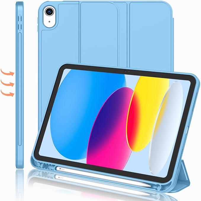 iPad 11.Nesil 2025 A16 / 10.Nesil 2022 10,9 İnç Uyumlu Kılıf – Kalem Tutuculu, Yumuşak TPU Sırtlı, Üç Katlı Standlı Akıllı Kılıf, Otomatik Uyku/Uyanma Özellikli