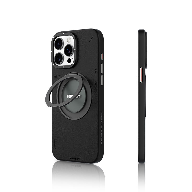 __vg|Siyah|0|6942288420498-01|Apple iPhone 15 Pro Kılıf MagSafe Şarj Özellikli 360° Standlı Basit Mat Deri Desenli Youngkit Tech Leather Serisi Kapak
