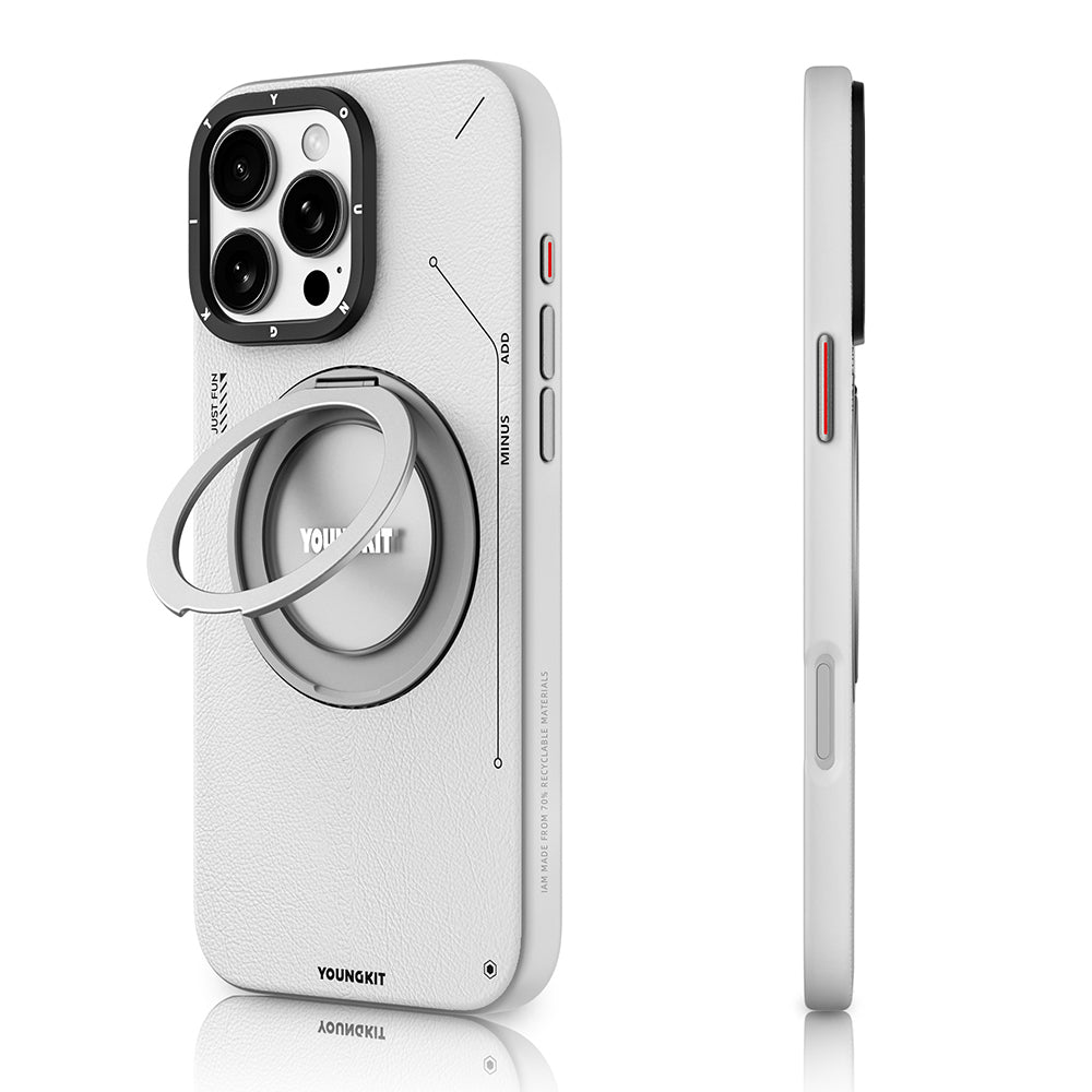 __vg|Gri|0|6942288420559-01|Apple iPhone 16 Pro Kılıf MagSafe Şarj Özellikli 360° Standlı Basit Mat Deri Desenli Youngkit Tech Leather Serisi Kapak