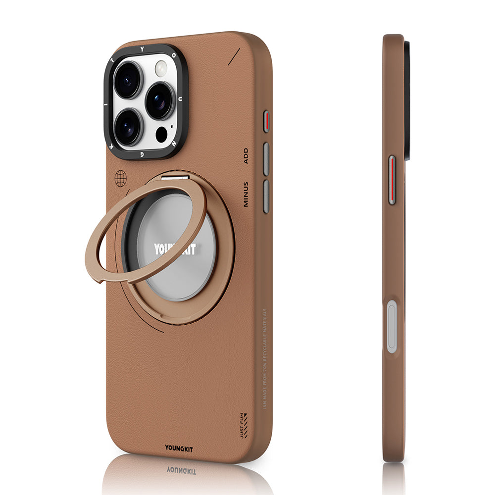 __vg|Kahverengi|0|6942288420597-01|Apple iPhone 16 Pro Kılıf MagSafe Şarj Özellikli 360° Standlı Basit Mat Deri Desenli Youngkit Tech Leather Serisi Kapak