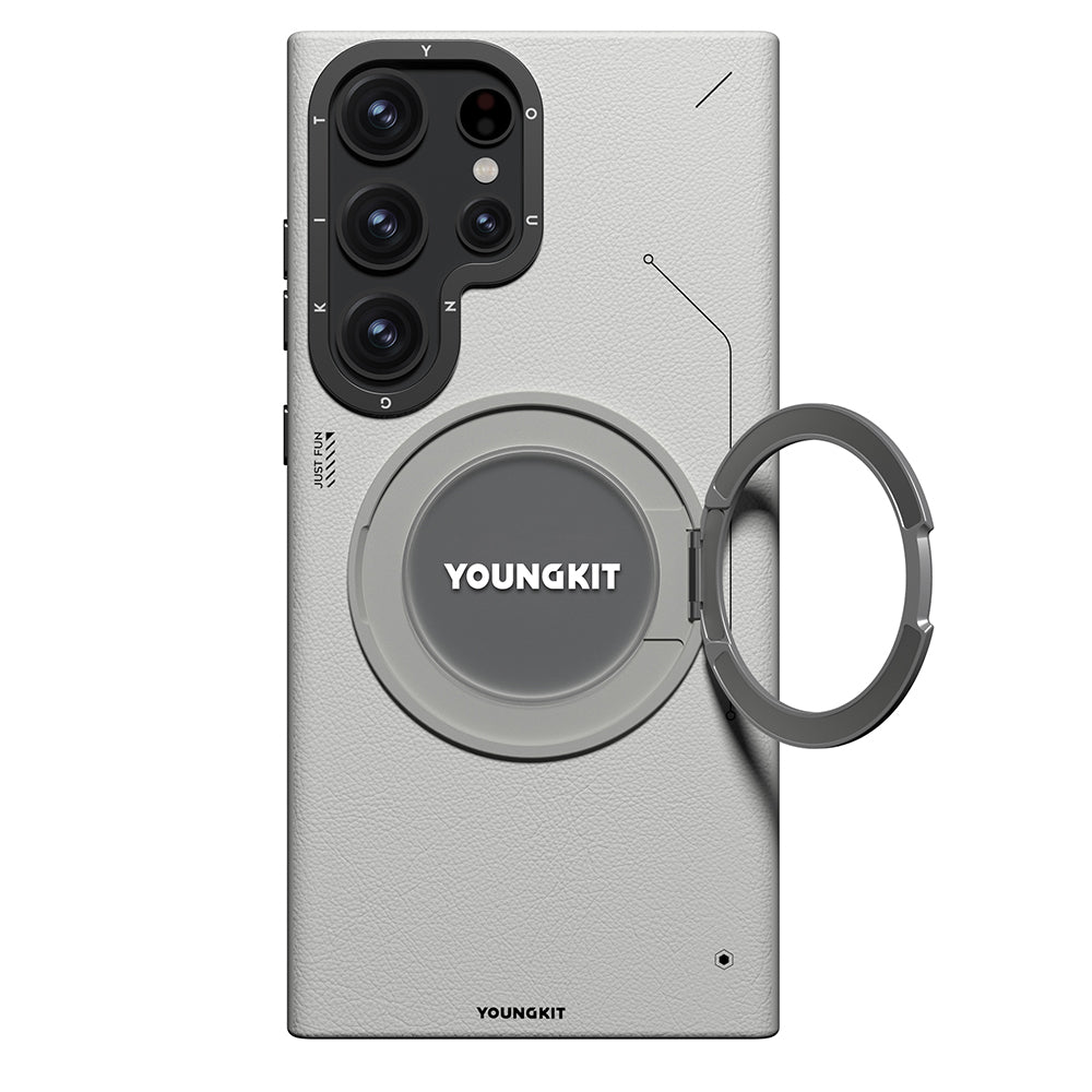 __vg|Gri|0|6942288423758-01|Galaxy S23 Ultra Kılıf MagSafe Şarj Özellikli 360° Standlı Basit Mat Deri Desenli Youngkit Tech Leather Serisi Kapak