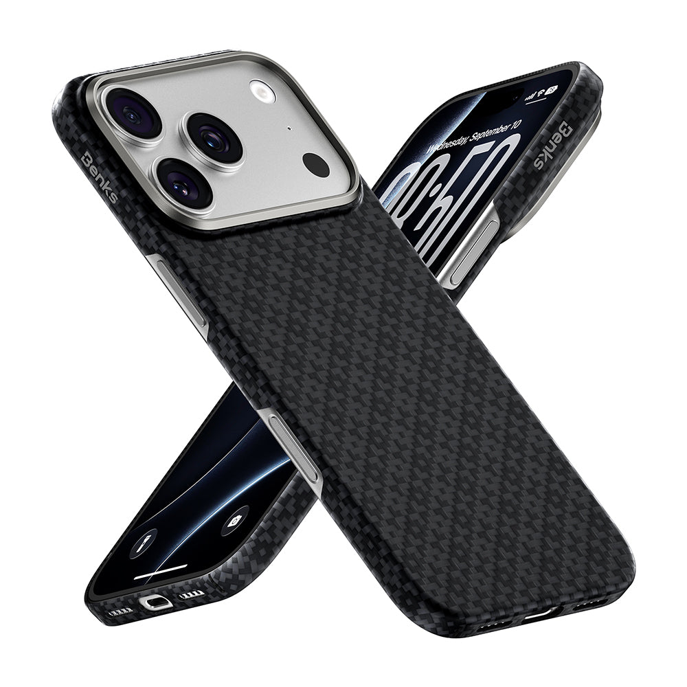 Apple iPhone 18 Pro Kılıf MagSafe Şarj Özellikli Benks ArmorAir ArmorGrid Serisi Yükseltilmiş Kamera Çerçevesi C1 Kevlar Karbon Kapak - Siyah