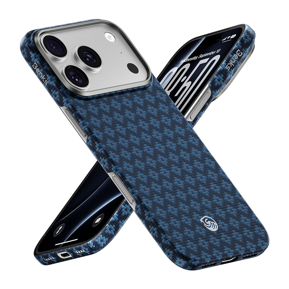 Apple iPhone 18 Pro Kılıf MagSafe Şarj Özellikli Benks ArmorAir ArmorGrid Serisi Yükseltilmiş Kamera Çerçevesi C1 Kevlar Karbon Kapak - Lacivert