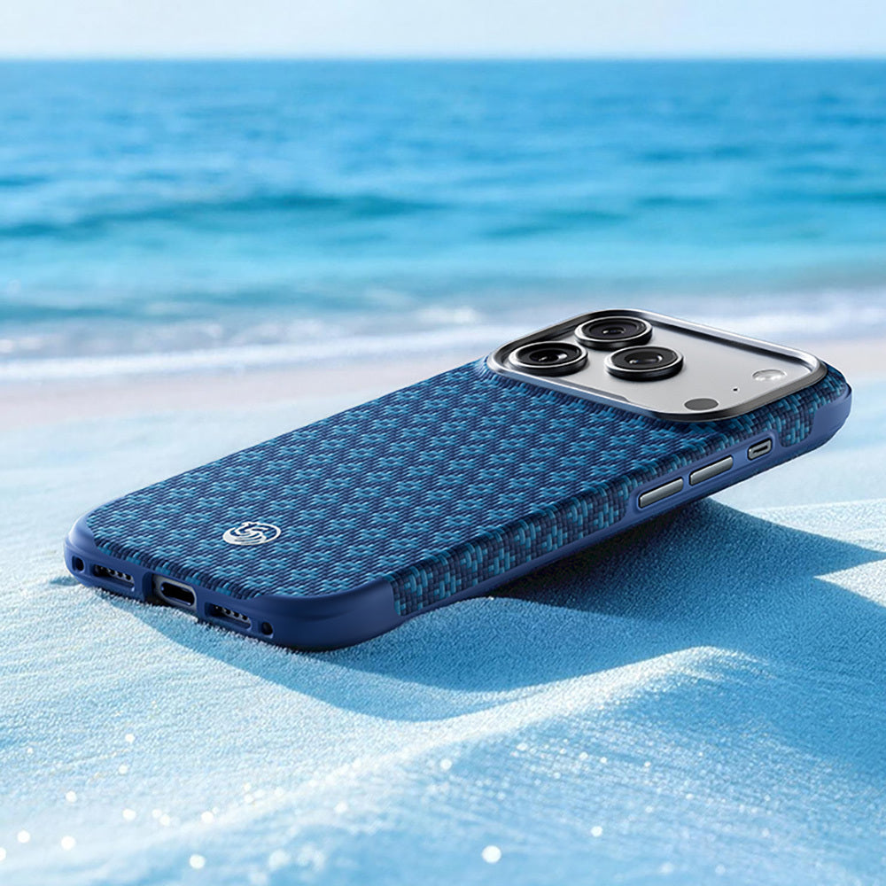 Apple iPhone 17 Pro Kılıf MagSafe Şarj Özellikli Yükseltilmiş Kamera Çerçeveli Benks ArmorGrid ArmorEdge X9 Serisi Kevlar Karbon Kapak - Lacivert