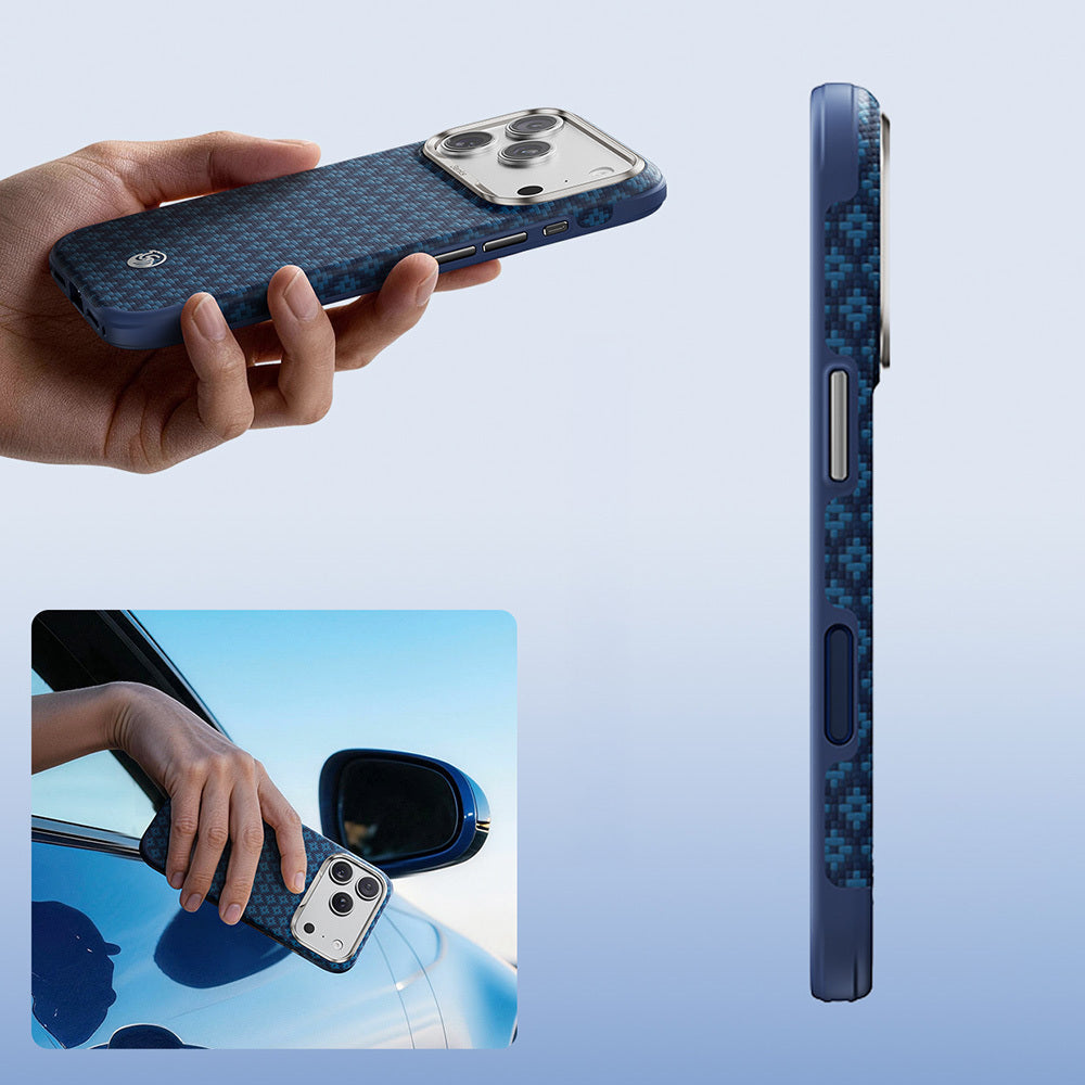 Apple iPhone 18 Pro Kılıf MagSafe Şarj Özellikli Yükseltilmiş Kamera Çerçeveli Benks ArmorGrid ArmorEdge X9 Serisi Kevlar Karbon Kapak - Lacivert