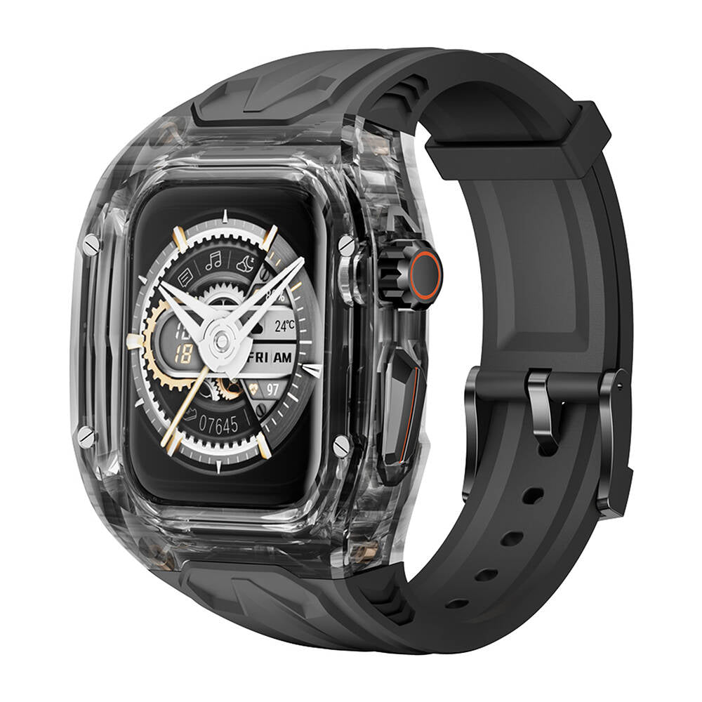 __vg|Siyah|0|6976975611852-01|Apple Watch 44mm Wiwu Wi-WB013 Rambo Serisi 2in1 Şeffaf PC Kasa Koruyuculu Kauçuk Kordon