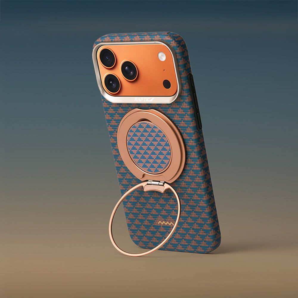 __vg|Gold-Mavi|4|6978373651799-05|Apple iPhone 17 Pro Max Kılıf Raptic 2in1 Bundle Kit Aramid Skin Destiny Serisi Stand ve Karbon Kapak