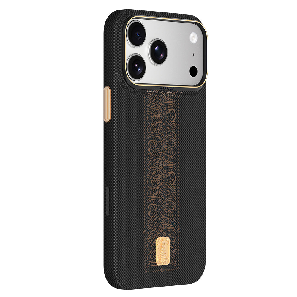 Apple iPhone 18 Pro Kılıf MagSafe Şarj Özellikli Raptic Aramid Skin Rise Serisi 24 Ayar Altın Kaplamalı Karbon Kapak - Siyah