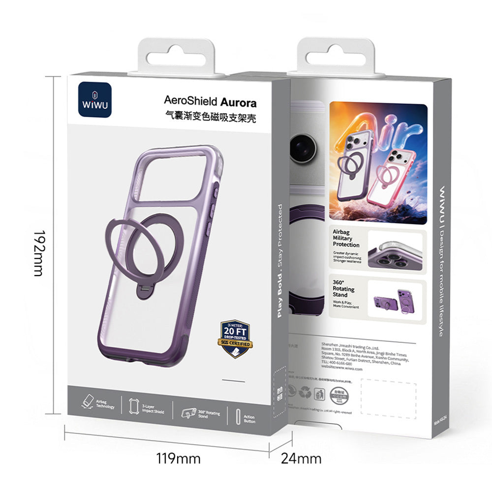 Apple iPhone 17 Pro Max Kılıf Wiwu AS-204 AeroShield Aurora Ultra Serisi MagSafe Şarj Özellikli Airbag Tasarımlı Standlı Kapak - Mor