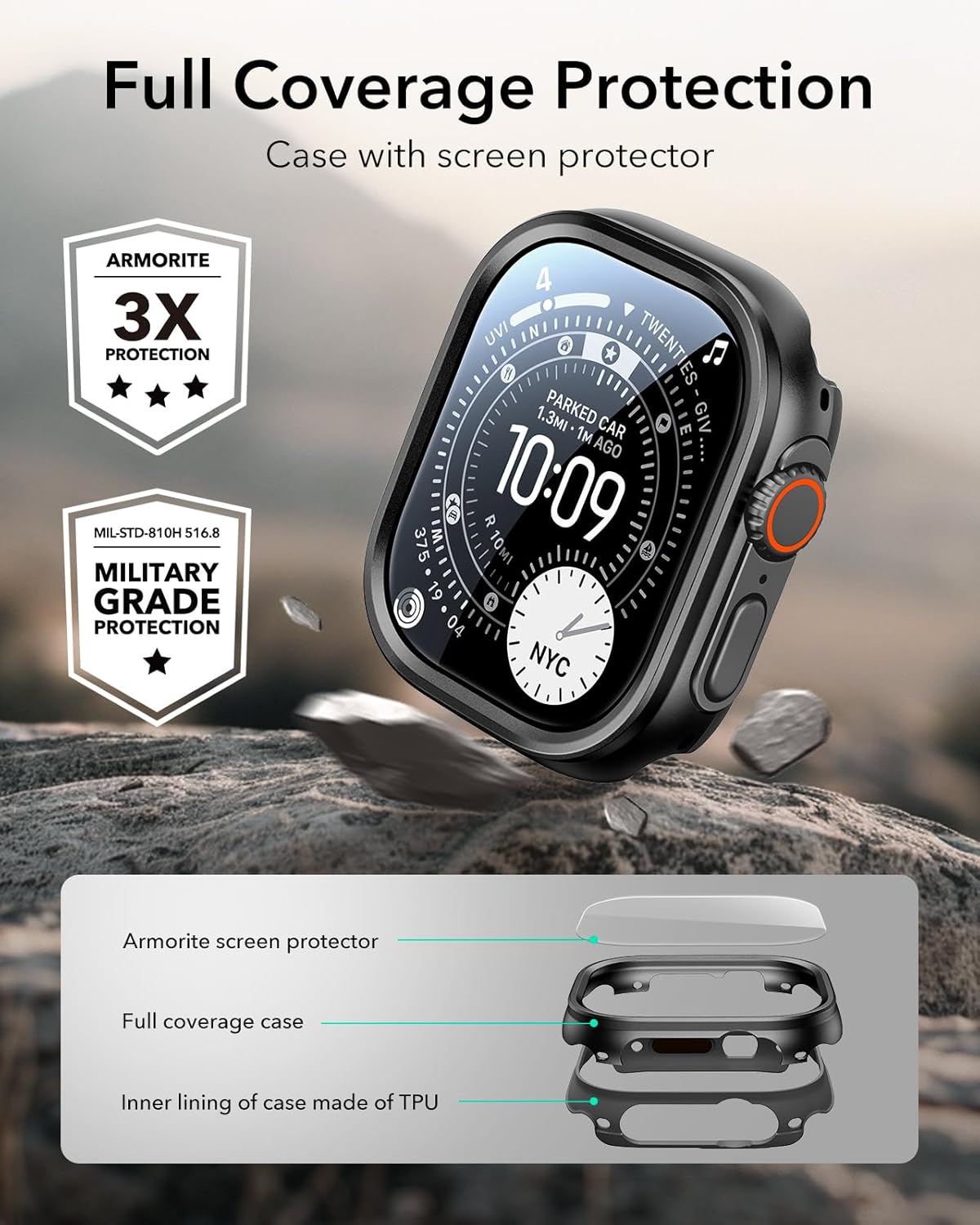 ESR Apple Watch Ultra 3/2/1 Kılıf 49 mm – Alüminyum, Armorite Cam, 2’li