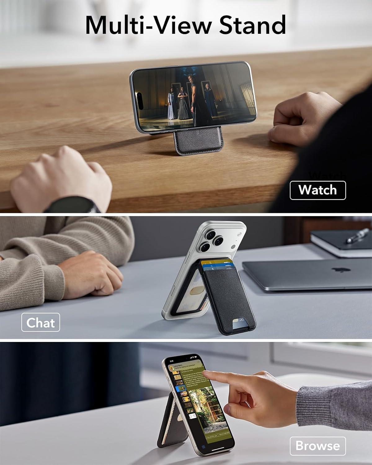 ESR HaloLock Vegan Deri Cüzdan Standı, MagSafe Cüzdan ve Ayarlanabilir Stand, iPhone 14/14 Plus/14 Pro/14 Pro Max ve 13/12 Serisi ile Uyumlu, 13/12 mini ile Uyumlu değil, 3 Kart Tutucu, Siyah