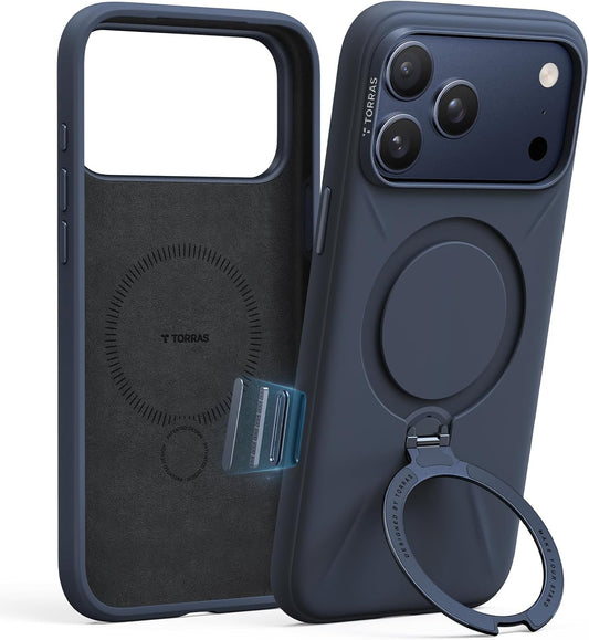 TORRAS Q3 Silikon 360 Spin iPhone 17 Pro için Standlı Kılıf, MagSafe için Fit, Kamera Kontrollü Manyetik Halka Destek Çubuğu, iPhone 17 Pro 6.3 inç için Sıvı Silikon Kauçuk Yumuşak Telefon Kılıfı