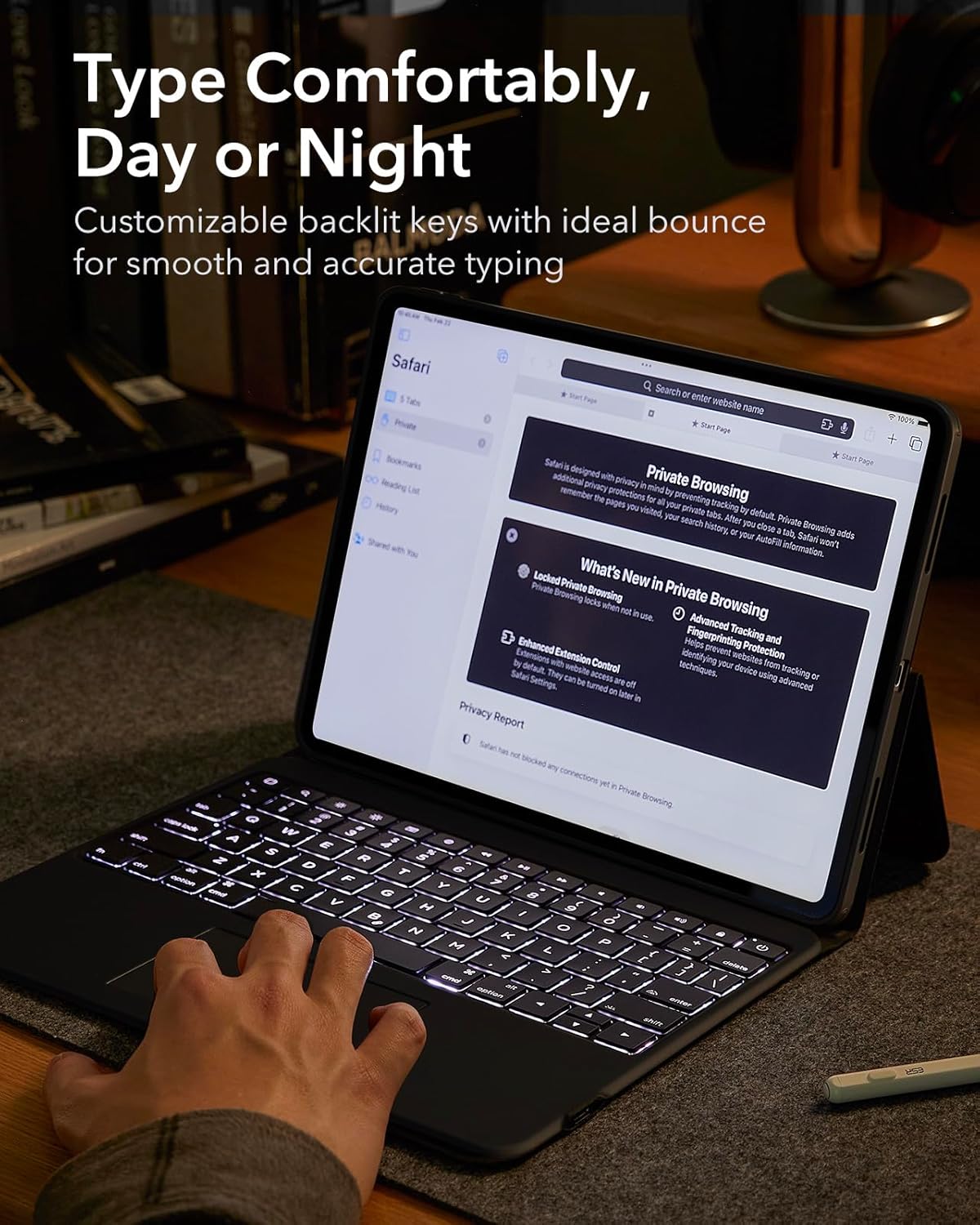 ESR Ascend iPad Pro 13 inç (M5/M4, 2025/2024), İzleme Dörtgenli Klavye Kılıfı, Arkadan Aydınlatmalı Tuşlu Manyetik Çıkarılabilir Klavye, Tamamen Ayarlanabilir Portre/Manzara Standı, Siyah