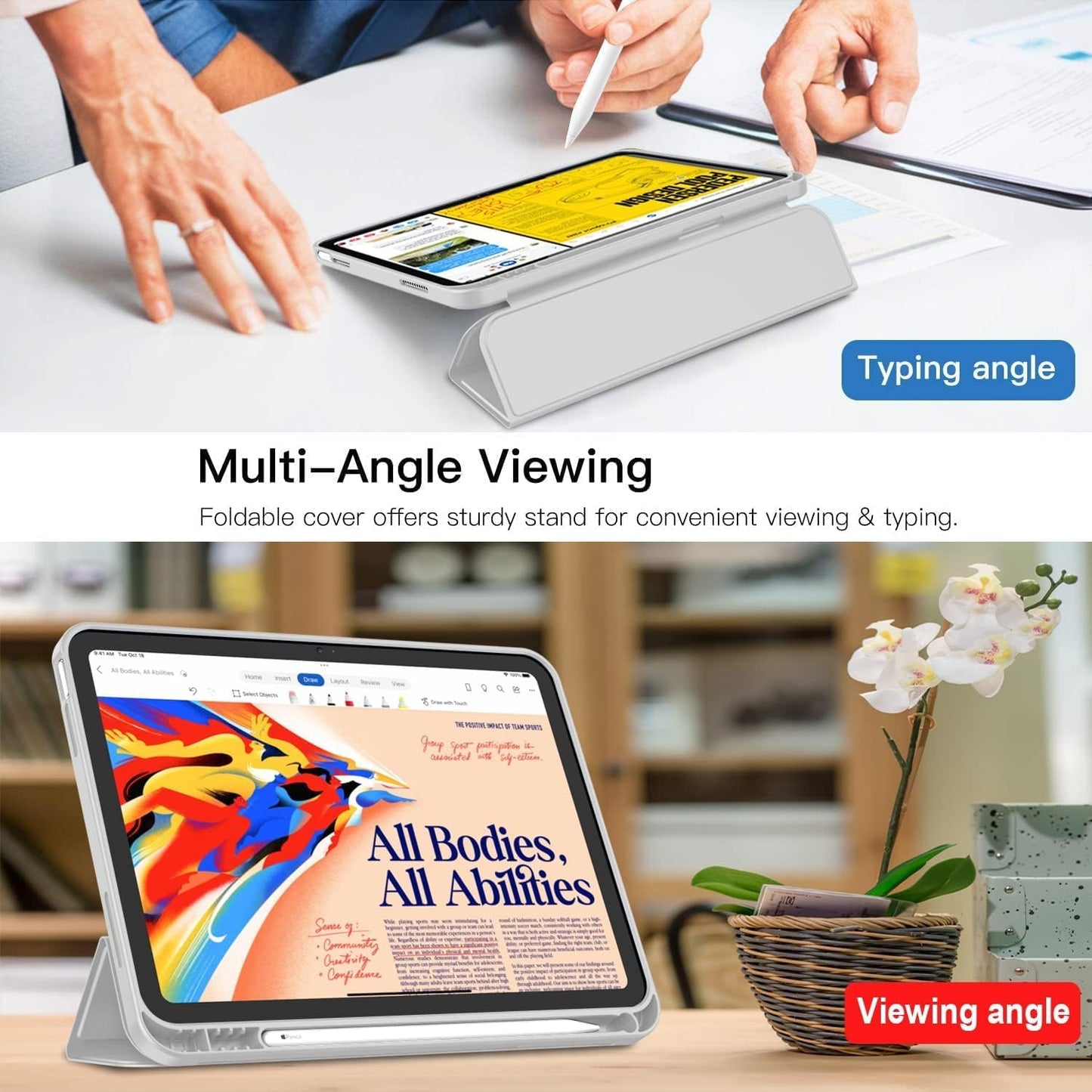 iPad 11. Nesil (11 inç, 2025) / iPad 10. Nesil (10.9 inç, 2022) ile Uyumlu Kılıf – Kalem Bölmeli, Üç Katlanır Standlı, Yumuşak TPU Arka Kapak, Uyku/Uyanma Özellikli Smart Cover (Lavander)