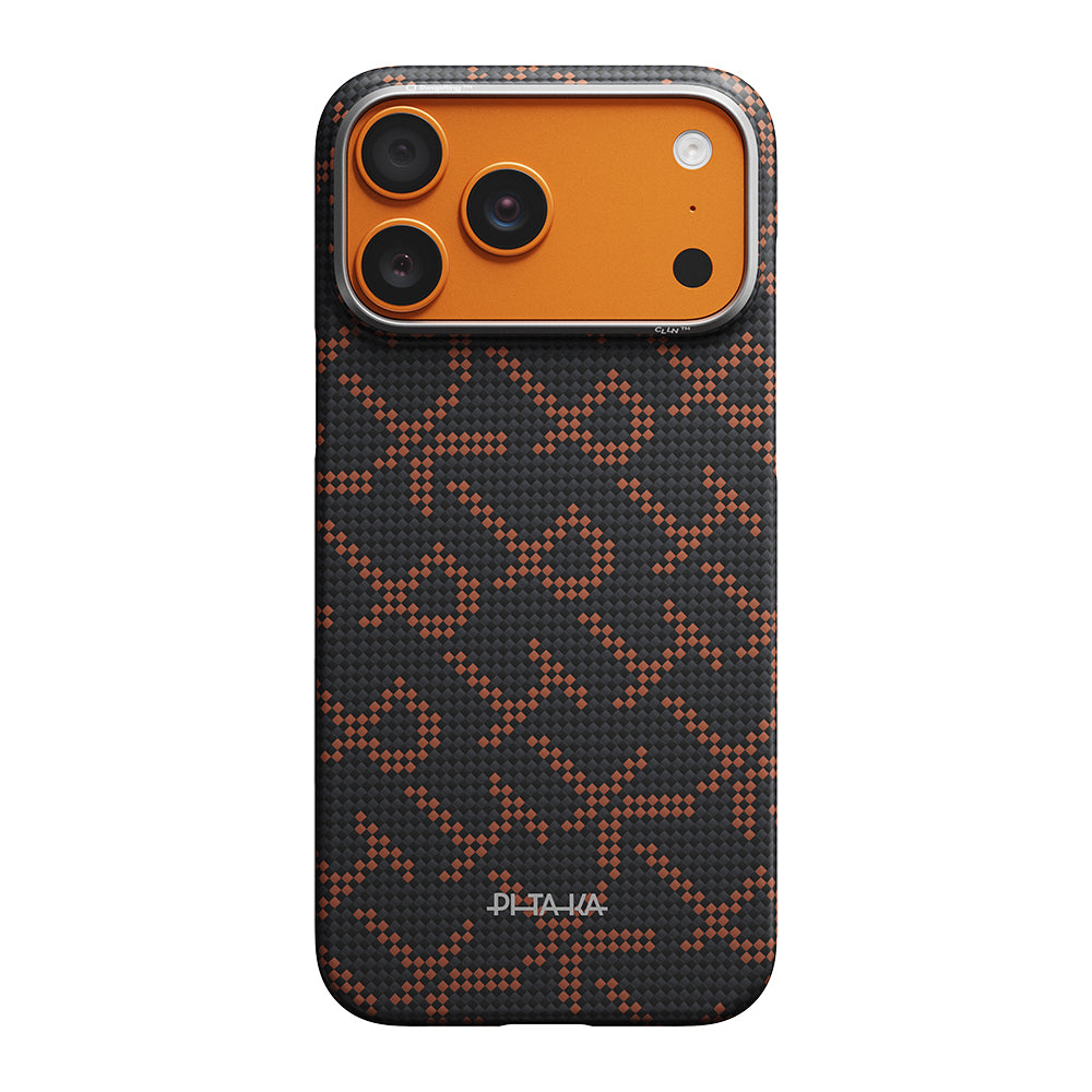 __vg|Turuncu-Siyah|0|741654368794-01|Apple iPhone 17 Pro Max Kılıf M-safe Şarj Özellikli Aramid Karbon Fiber Pitaka Tactile Woven Monogram Serisi Kapak
