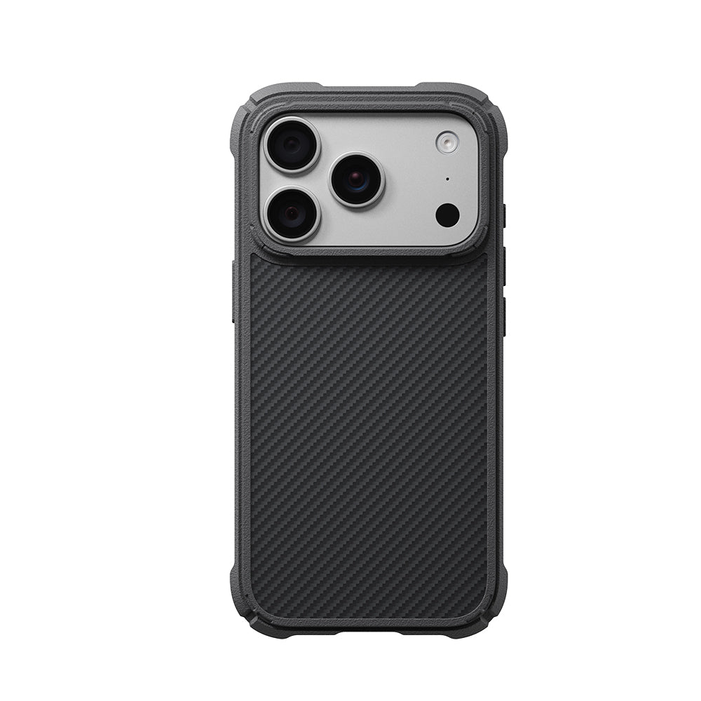 Apple iPhone 18 Pro Kılıf MagSafe Şarj Özellikli 600D Aramid Fiber Pitaka Black-Grey Twill Serisi Cairn Kapak - Siyah-Gri