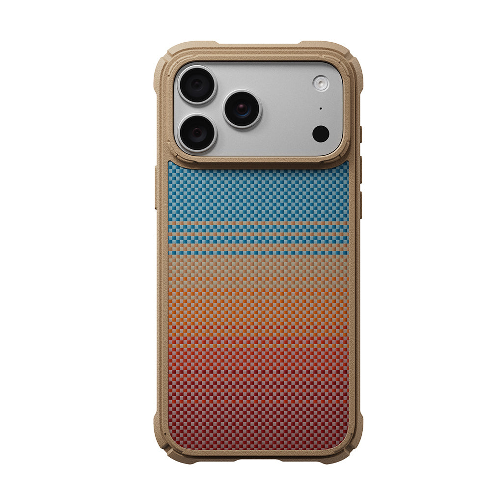 Apple iPhone 18 Pro Max Kılıf MagSafe Şarj Özellikli Aramid Karbon Fiber Pitaka Sunset 2.0 California Dream Serisi Cairn Kapak - Mavi-Kahverengi