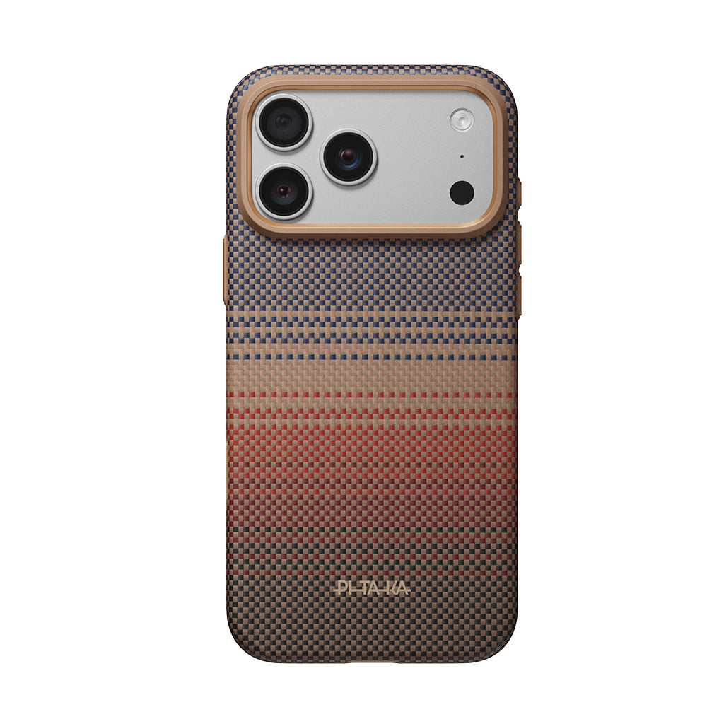 Apple iPhone 18 Pro Max Kılıf MagSafe Şarj Özellikli Pitaka Tactile Woven Sunset-Moonrise Aramid Serisi Summa Kapak - Kahverengi