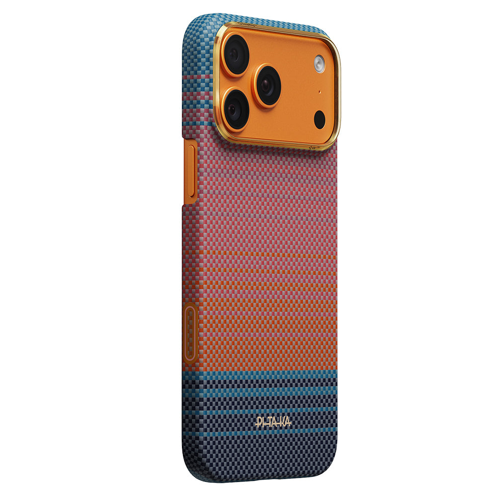 __vg|Turuncu-Mavi|1|741654369593-02|Apple iPhone 17 Pro Max Kılıf MagSafe Şarj Özellikli Aramid Karbon Fiber Pitaka Sunset 2.0 California Dream Serisi Kapak