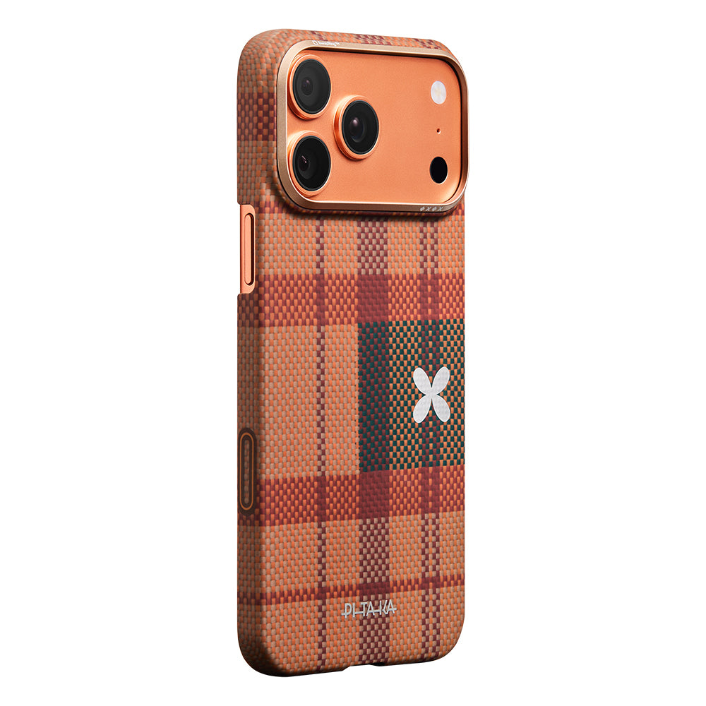 __vg|Kahverengi|1|741654369647-02|Apple iPhone 17 Pro Max Kılıf M-safe Şarj Özellikli Aramid Karbon Fiber Pitaka Flora in Grid Serisi Kapak