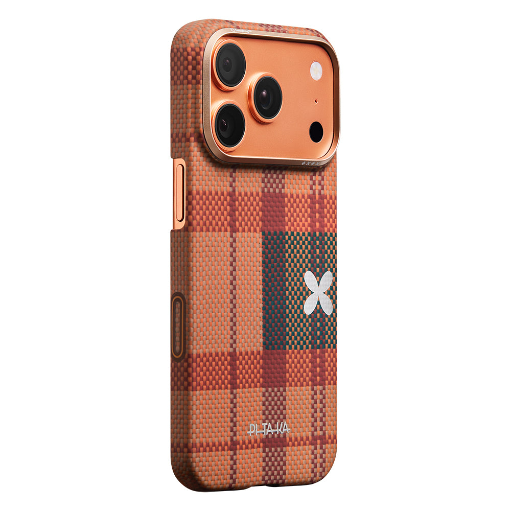 __vg|Kahverengi|2|741654369647-03|Apple iPhone 17 Pro Max Kılıf M-safe Şarj Özellikli Aramid Karbon Fiber Pitaka Flora in Grid Serisi Kapak